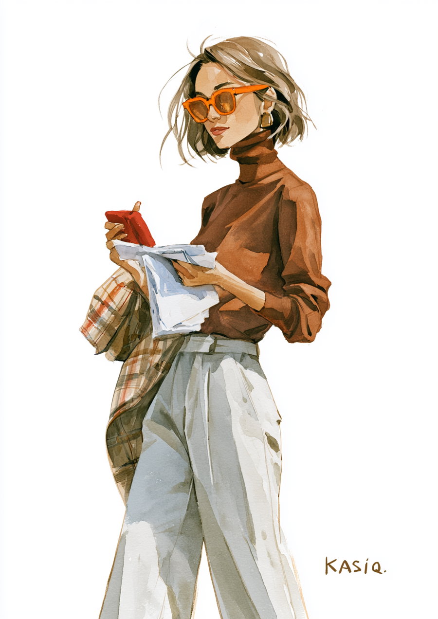 Watercolor painting of a woman wearing orange sunglasses, a brown turtleneck, gray wide pants, holding papers and a plaid jacket