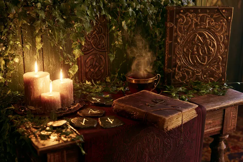 Atmospheric still life setup with antique leather books, candles, and rune stones