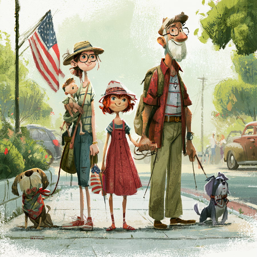 Illustration of a smiling family including a man, woman holding a doll, little girl, and two dogs on leashes standing on a sidewalk with trees, vehicles, and an American flag in the background
