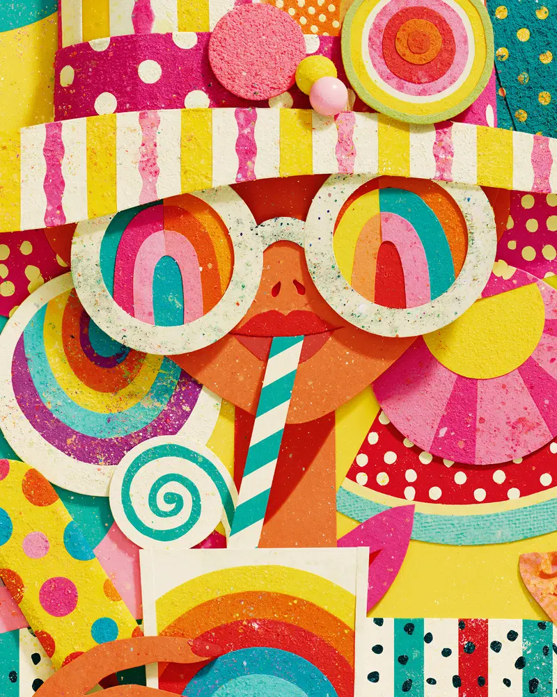 Colorful paper collage portrait with vibrant patterns and shapes