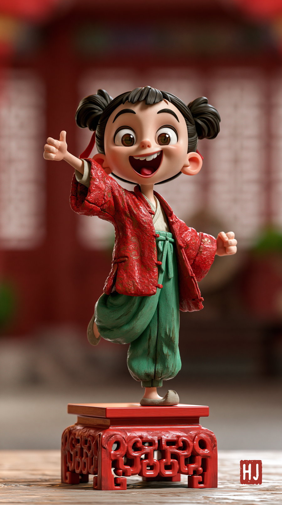 A cartoonish figure with a big smile, wearing a textured red jacket and green pants, standing on an ornate red wooden pedestal