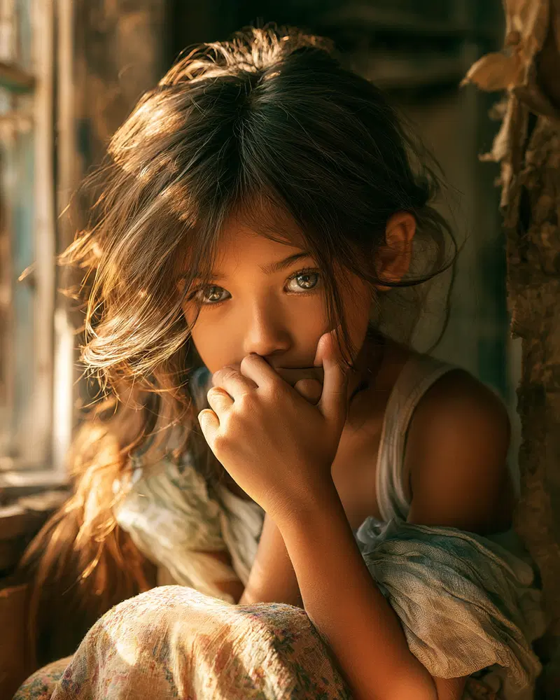 Intimate portrait of a young girl with soft lighting and expressive eyes