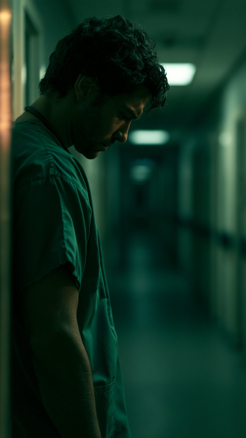 A man wearing green scrubs standing and looking down with a somber expression in a dimly lit corridor.