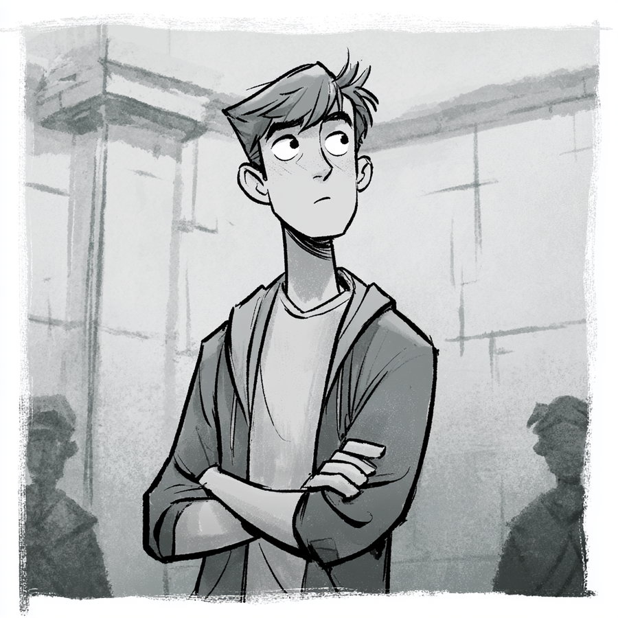 Monochrome illustration of a young man with crossed arms wearing a hoodie and t-shirt, set against a background with architectural elements and two shadowed figures