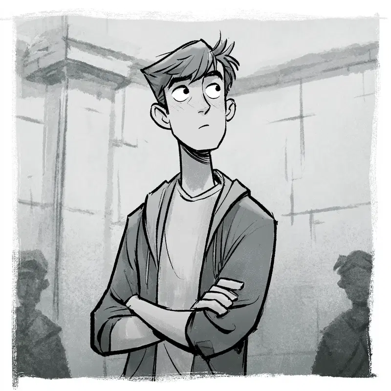 Black and white sketch of a young man in casual clothes looking sideways
