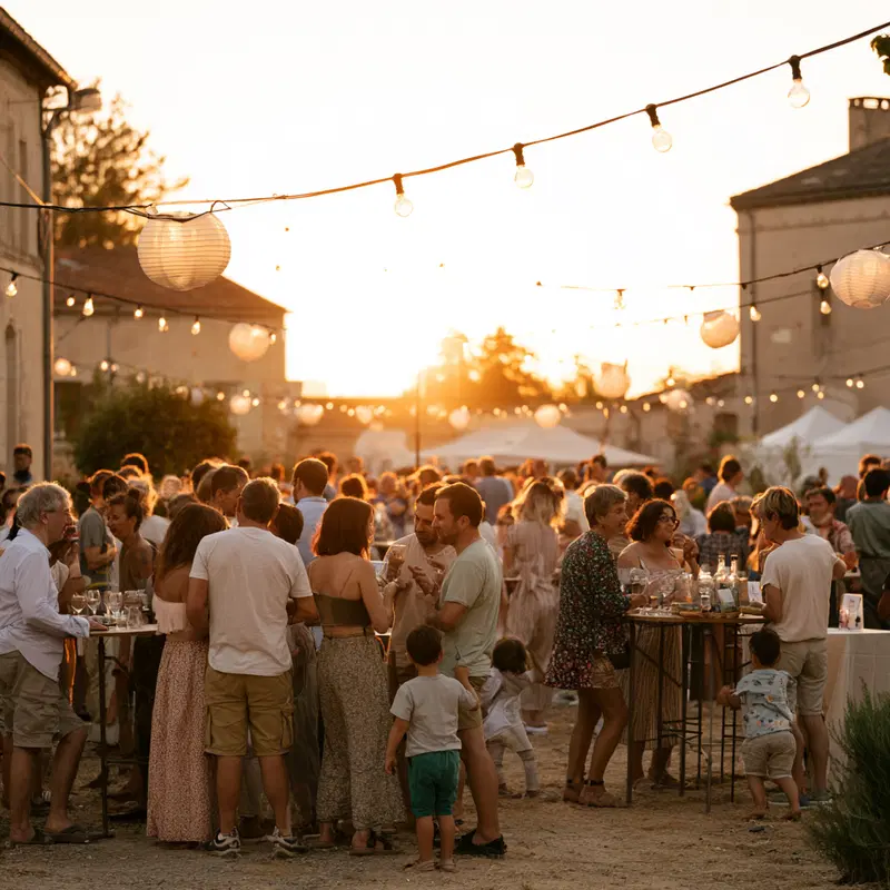 People gathering at an outdoor exhibition event during sunset