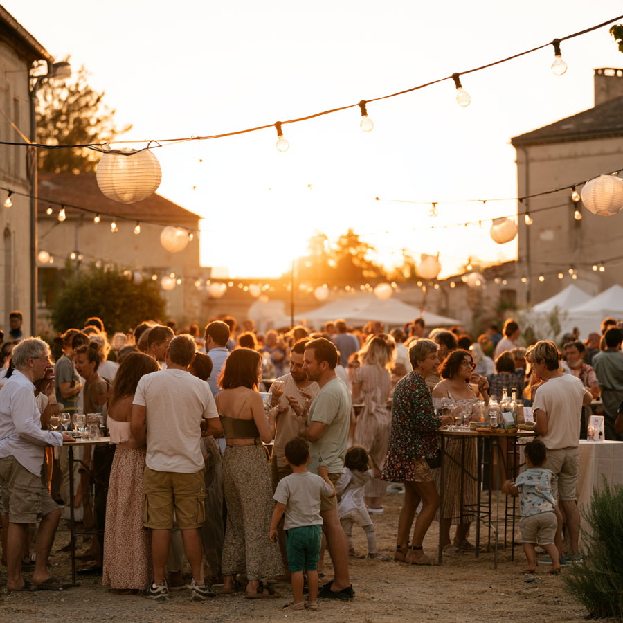 Crowded outdoor space with people socializing near string lights and paper lanterns at sunset
