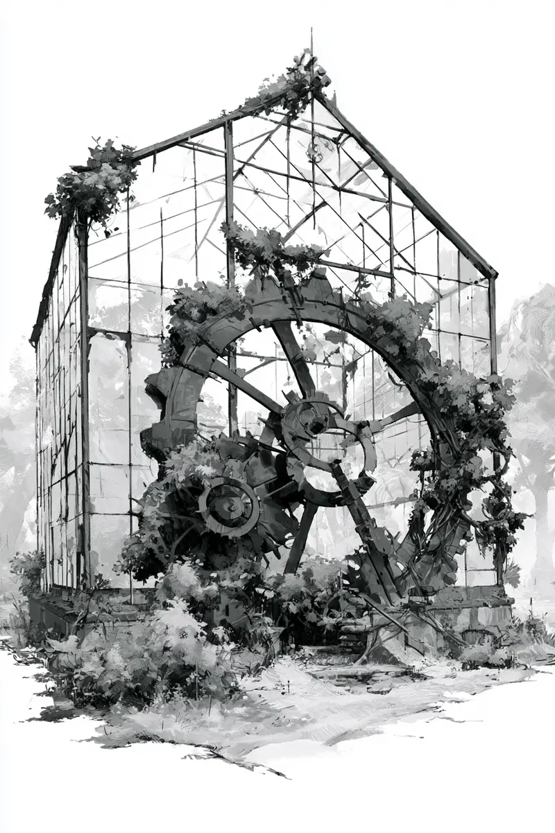 Black and white architectural illustration of a greenhouse with mechanical gears