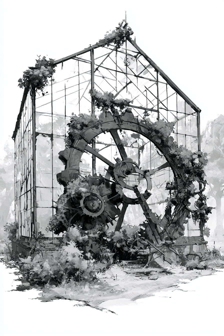 A grayscale drawing of a greenhouse structure with glass panels and overgrown foliage, featuring large mechanical gears partially covered with plants inside and around it.