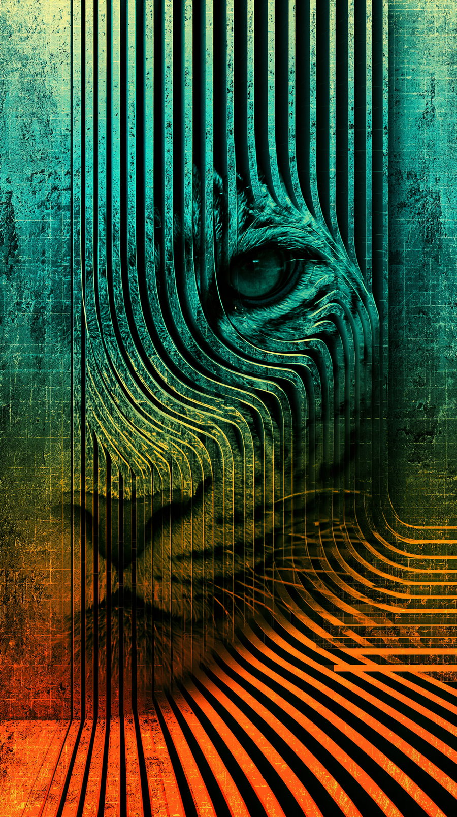 A digital abstract artwork showing a tiger's face distorted by vertical and curved lines in teal and orange colors over a textured background