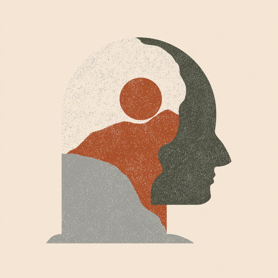 Abstract digital artwork showing a human head silhouette in profile with overlapping textured shapes in earth tones on a light beige background