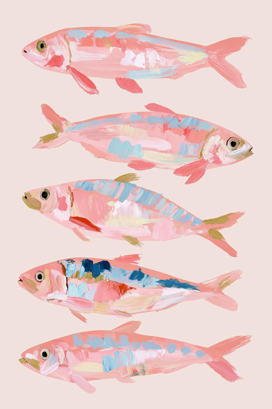 Five fish painted with acrylic in shades of pink, blue, gold, and white on a light pink background