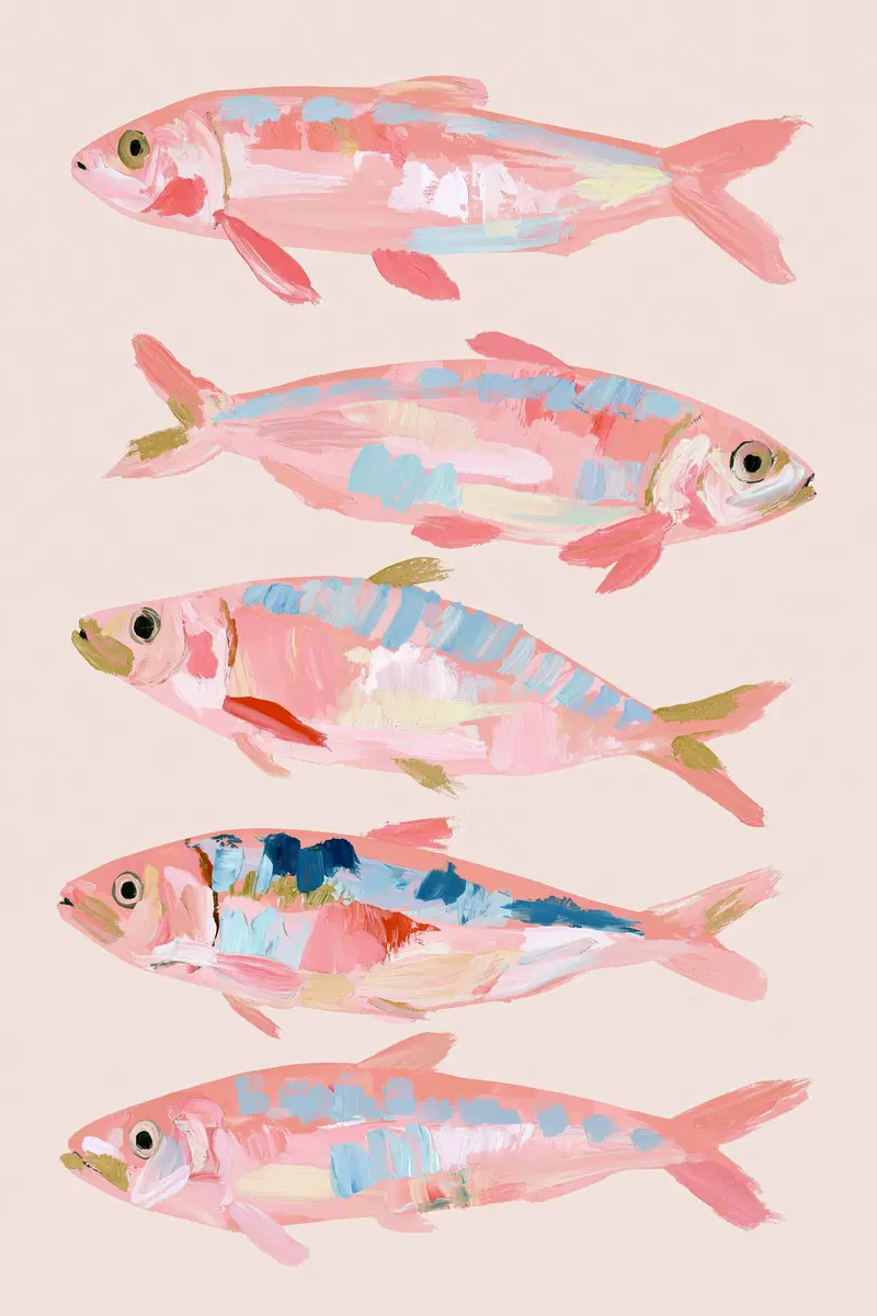 Acrylic painting of five colorful fish on a pastel background