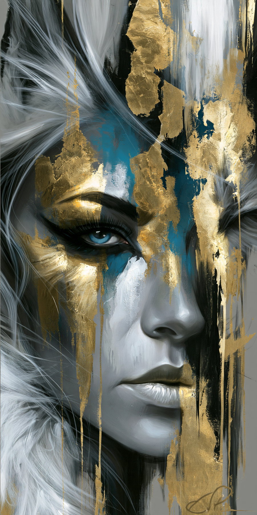 Close-up of a woman's face painted in grayscale with blue and gold abstract brush strokes and highlights