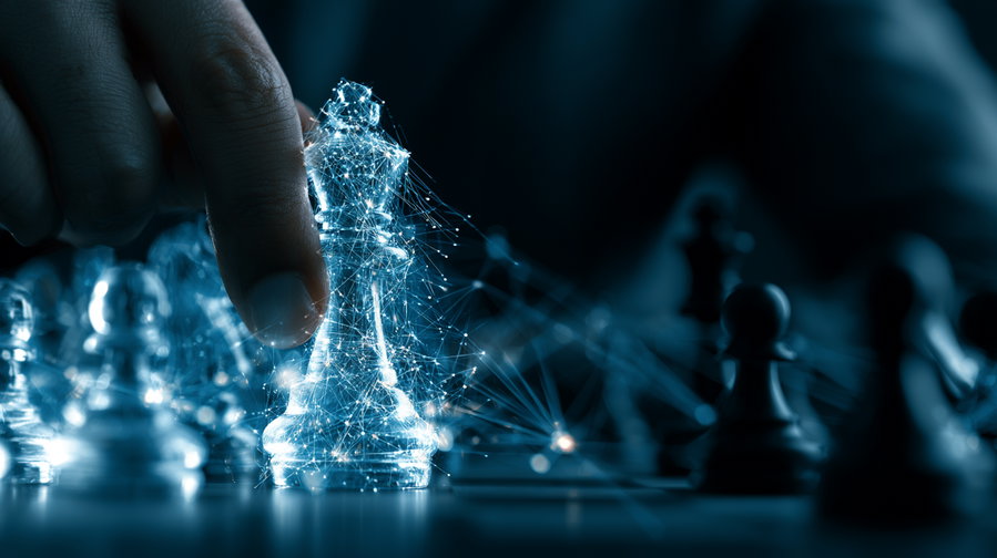 A glowing digital chess king piece being moved by a hand on a chessboard with other chess pieces in the background