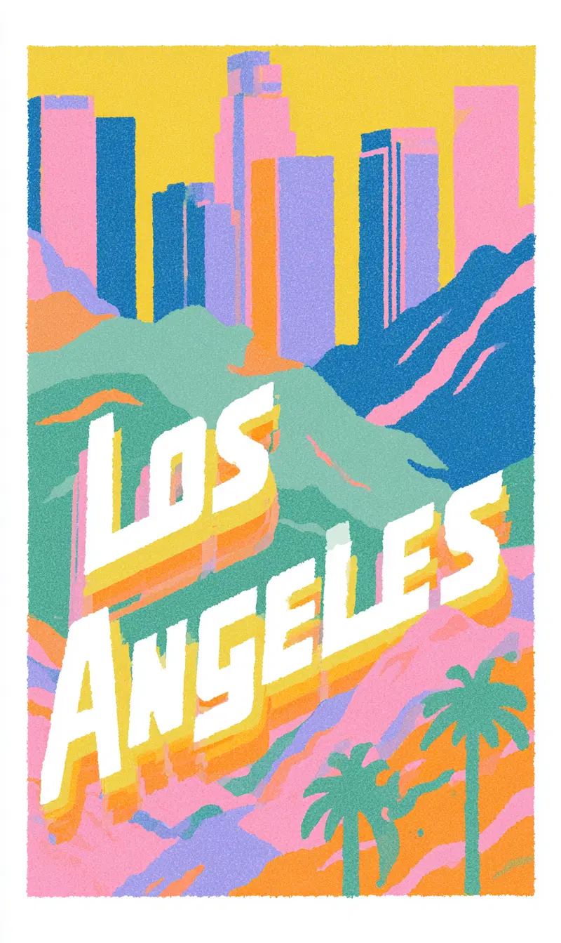 Vibrant Retro Style Los Angeles Cityscape Poster with Text