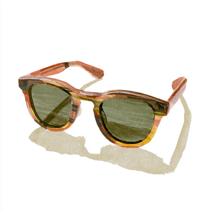 A watercolor illustration of sunglasses with a tortoiseshell frame and dark green lenses on a white background, showing the shadow beneath.