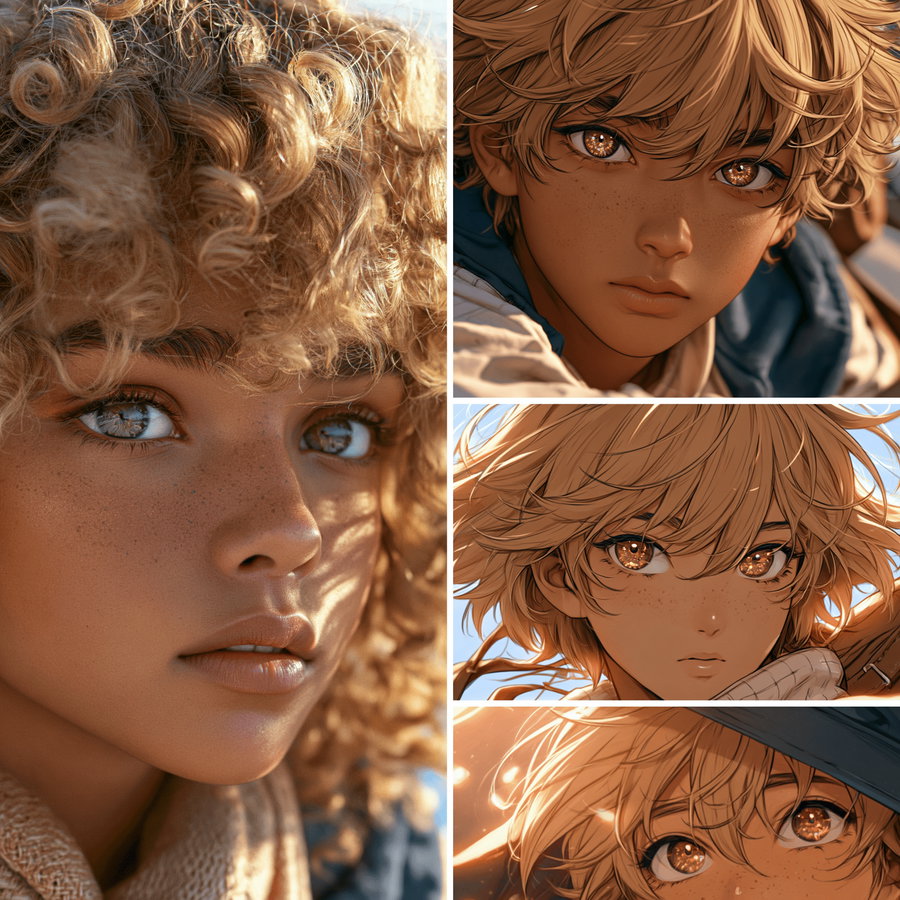 A collage of four portraits featuring one realistic close-up of a person with curly blonde hair and three stylized digital portraits of a young person with similar features and expressive amber eyes