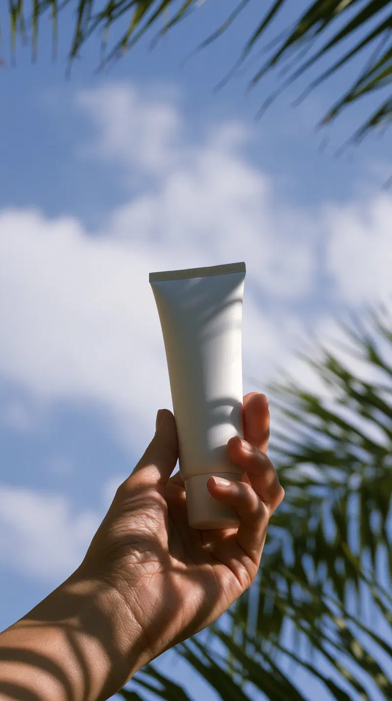 Hand Holding a White Cosmetic Tube Against a Blue Sky with Palm Shadows
