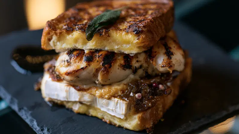 Close-up of a gourmet grilled sandwich with cheese and grilled chicken