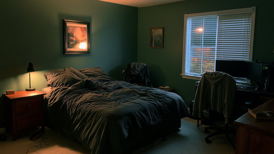 A bedroom with dark bedding, a nightstand with a lamp, two framed pictures on green walls, a chair with clothes draped over it, and a desk with a computer setup beside a window with blinds.