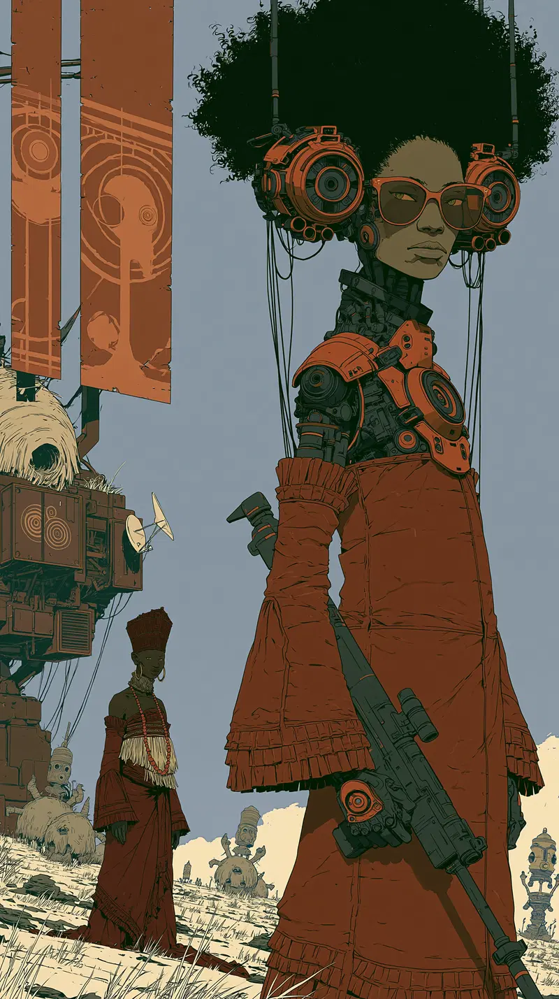 Futuristic character design of a robotic woman with afro hairstyle and weapon
