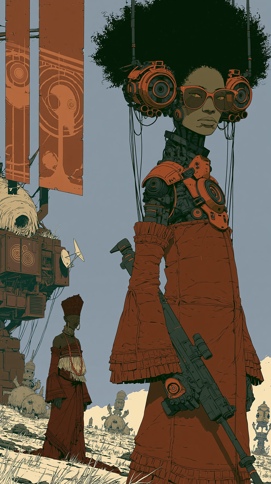 Illustration of a tall robotic woman with an afro hairstyle and red glasses holding a sniper rifle, wearing a long red dress, with a smaller figure in traditional attire standing in the background among mechanical structures.