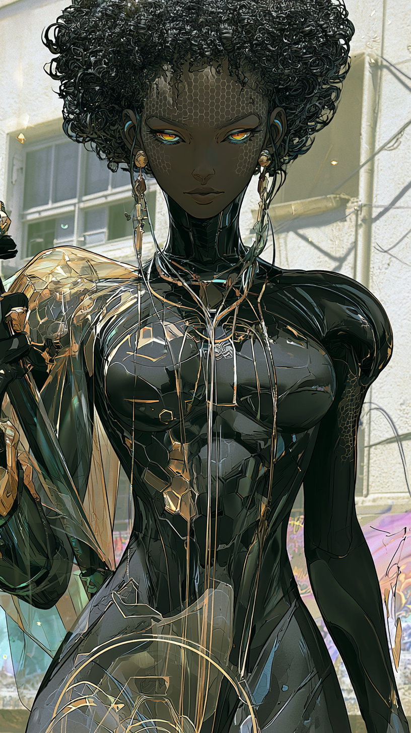 A digital artwork of a woman with dark skin and curly hair wearing a highly detailed black and gold cybernetic suit with hexagonal patterns, standing in front of a building.
