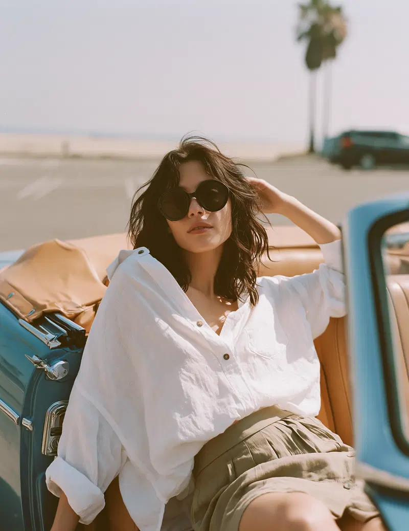 Woman in casual chic outfit sitting in vintage convertible car with sunglasses