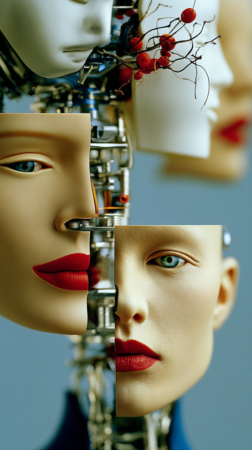Surreal artwork showing fragmented faces combined with mechanical parts and red berries on blue background