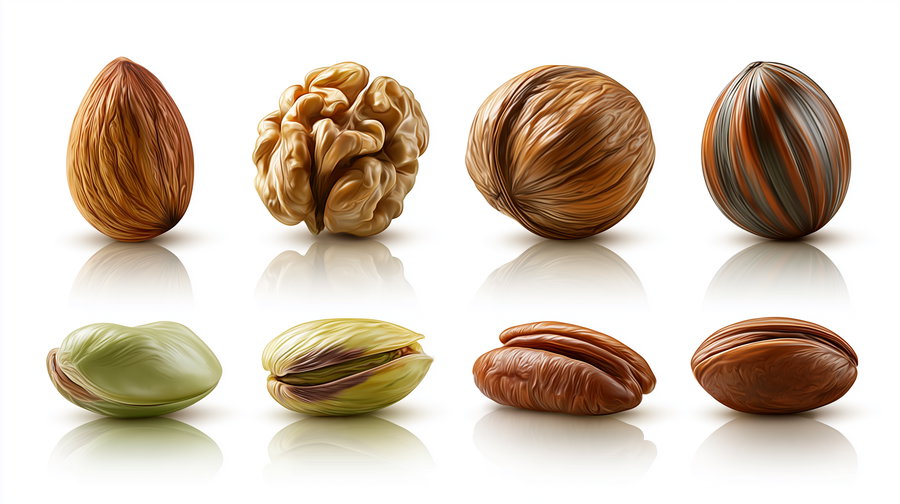 A digital illustration showing eight different types of nuts arranged in two rows on a white reflective surface, highlighting their distinct shapes, textures, and colors.