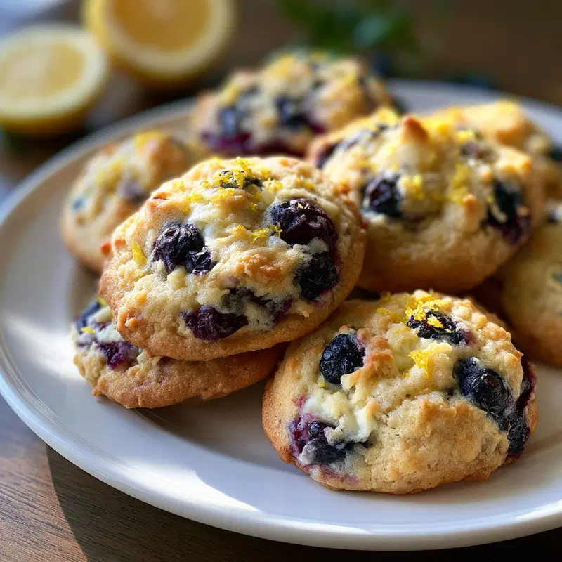 Close up view of freshly baked blueberry cookies on a white plate