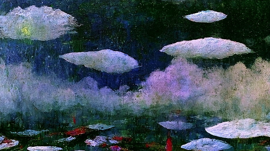 Image shows an abstract painting featuring large white oval shapes floating on a textured dark background with hints of green, red, and purple.