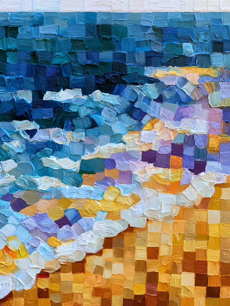 Abstract landscape in textured brush strokes with vibrant blues and warm earth tones