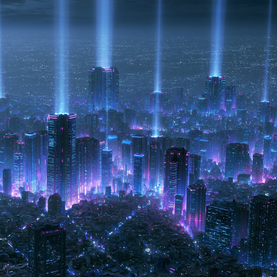A dense futuristic city at night with numerous tall skyscrapers illuminated by blue and purple neon lights and beams of light shooting upwards from several buildings.