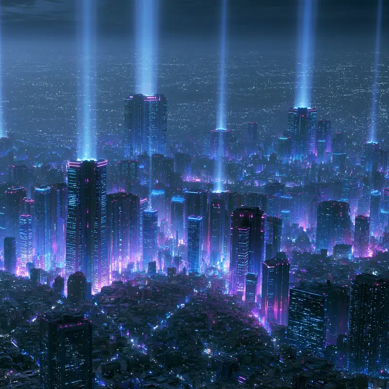 Futuristic cityscape with neon-lit skyscrapers and light beams in cyberpunk style