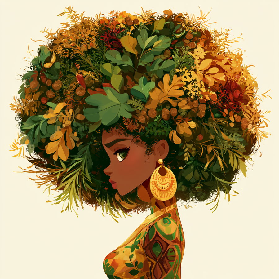 Digital artistic portrait of a young woman in profile with a large afro made of various green and orange leaves and plants, wearing large golden earrings and a colorful patterned outfit against a plain background
