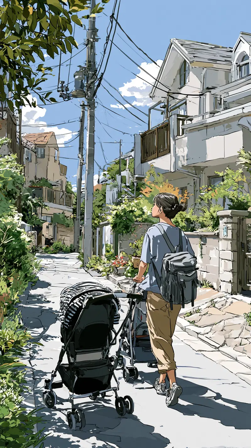 Contemporary artwork of a woman pushing two strollers through a sunny urban street