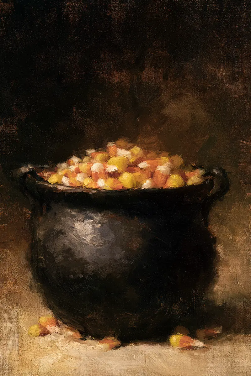 Oil Painting of a Black Cauldron Filled with Colorful Candy Corn