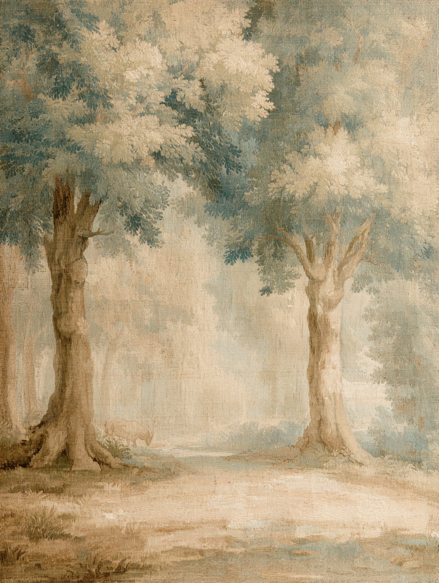 A painting of a natural landscape showing large trees with green and pale foliage, a dirt path, and a soft, misty background with muted earthy colors