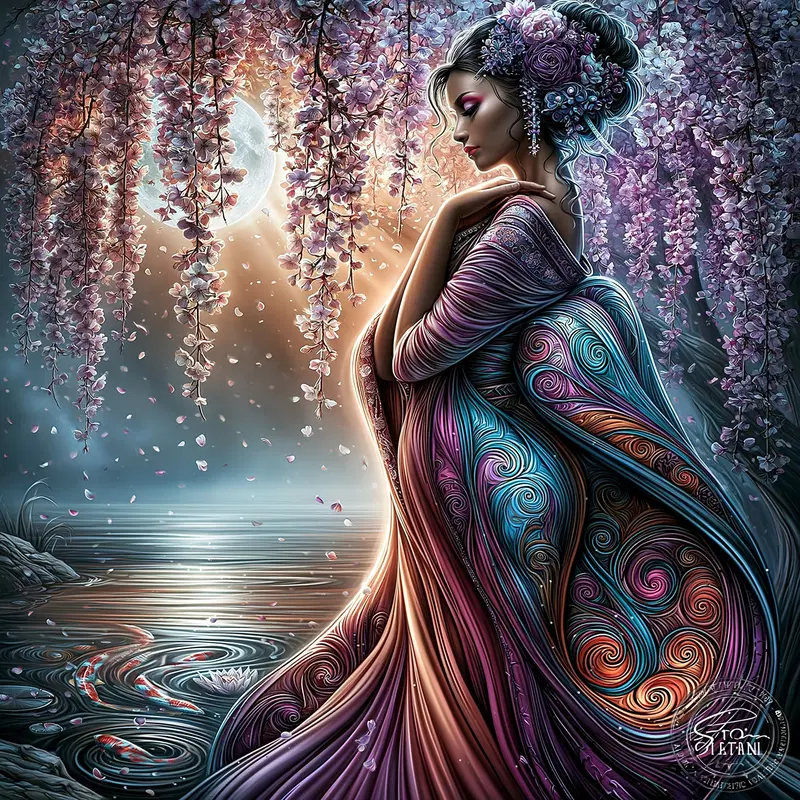 Elegant artistic portrait of a woman in a detailed traditional kimono by a pond