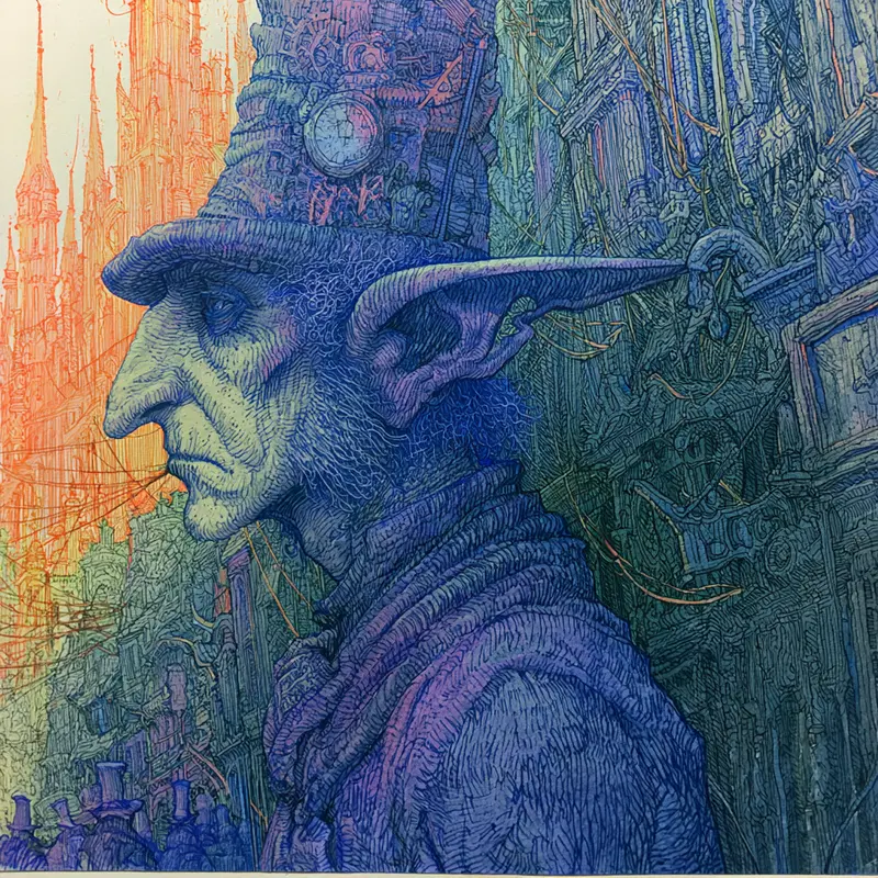 Detailed fantasy character with large ears and intricate hat in surreal cityscape