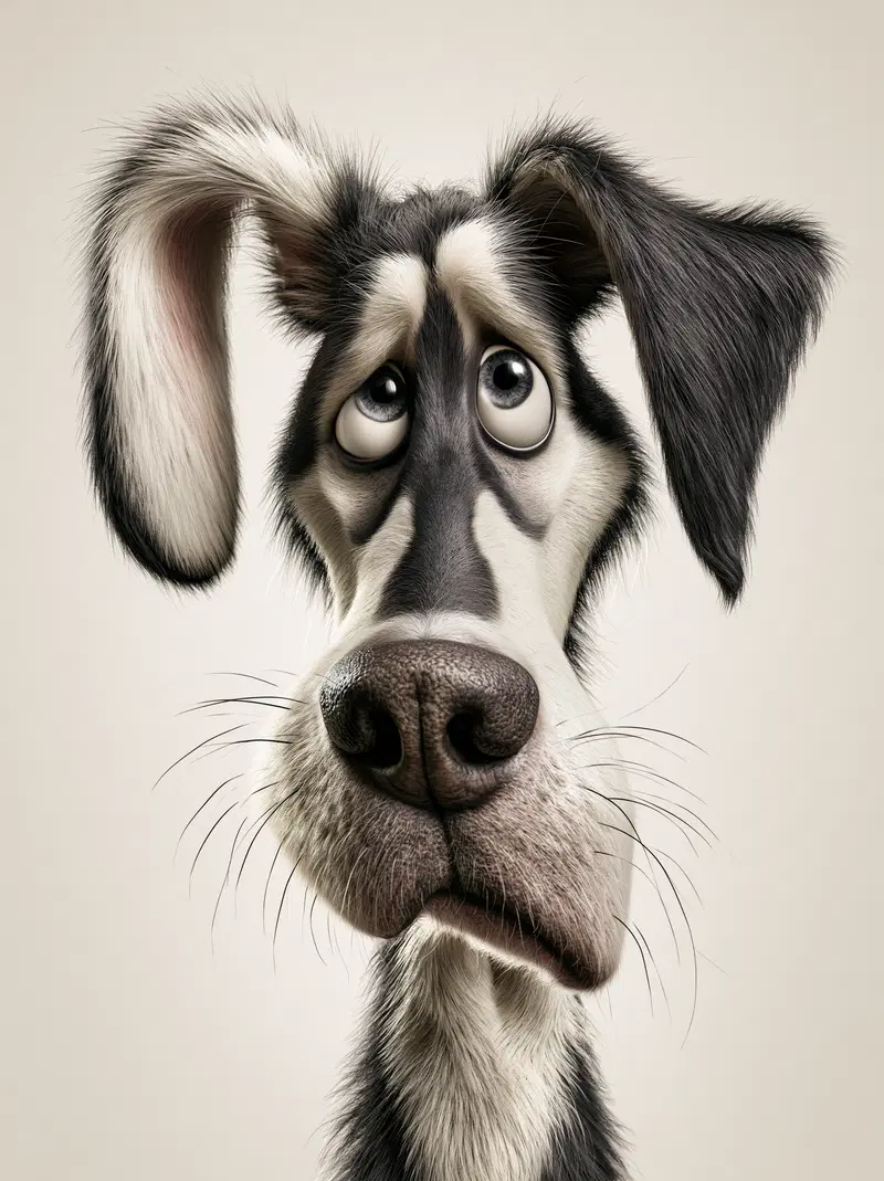 Detailed digital character design of a sad black and white dog with large expressive eyes