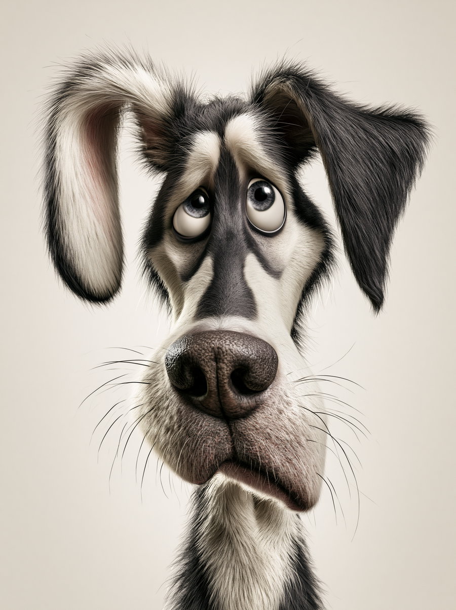 Close-up of a digitally illustrated black and white dog with large sad eyes, floppy ears, and a textured nose on a light background