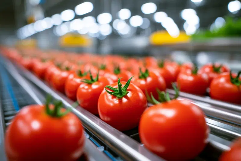 Close-up of fresh tomatoes moving on a conveyor belt in a food processing plant