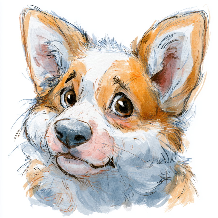 A watercolor and ink illustration of a corgi dog's face with large ears, expressive eyes, and detailed fur textures