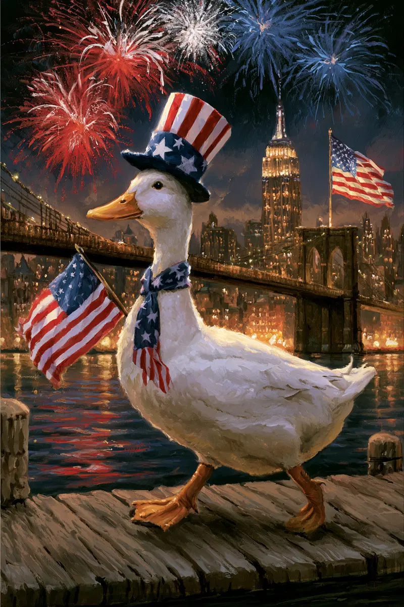 Patriotic duck wearing stars and stripes in cityscape with fireworks