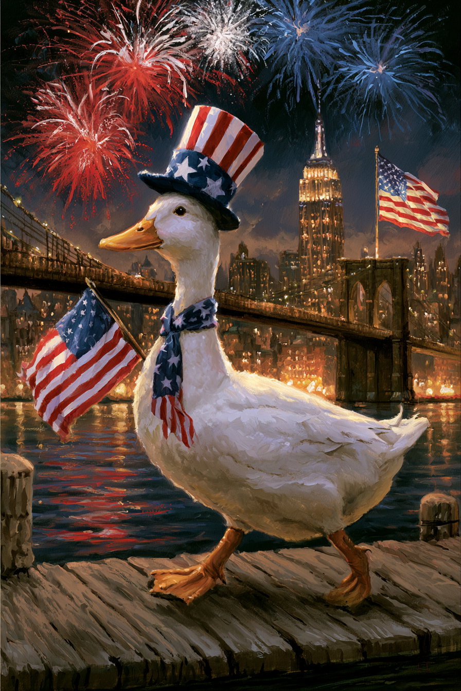 A white duck wearing a red, white, and blue top hat and scarf, holding an American flag on a dock at night with fireworks, city buildings, and a bridge in the background.