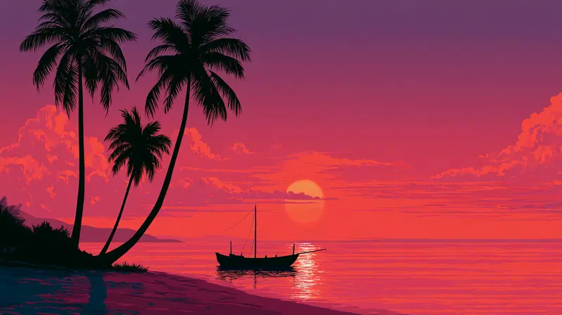 Digital painting of a tropical beach sunset with palm trees and a boat