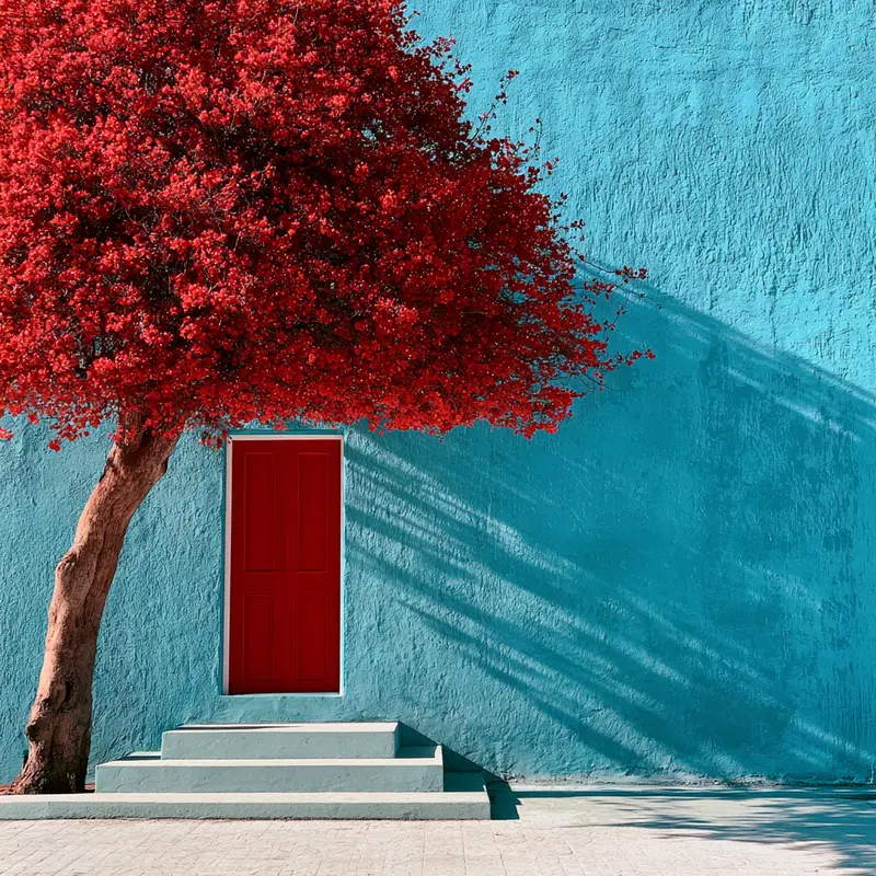 Striking red tree and door against textured blue wall architectural scene